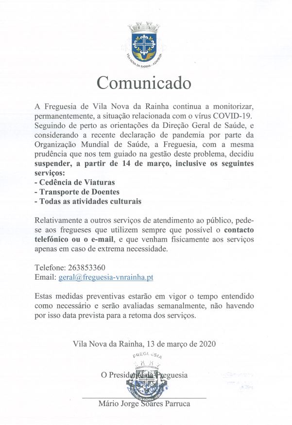 Imagem Comunicado Suspensão dos seguintes serviços: - cedência de viaturas - transporte de doentes - todas as atividades culturais