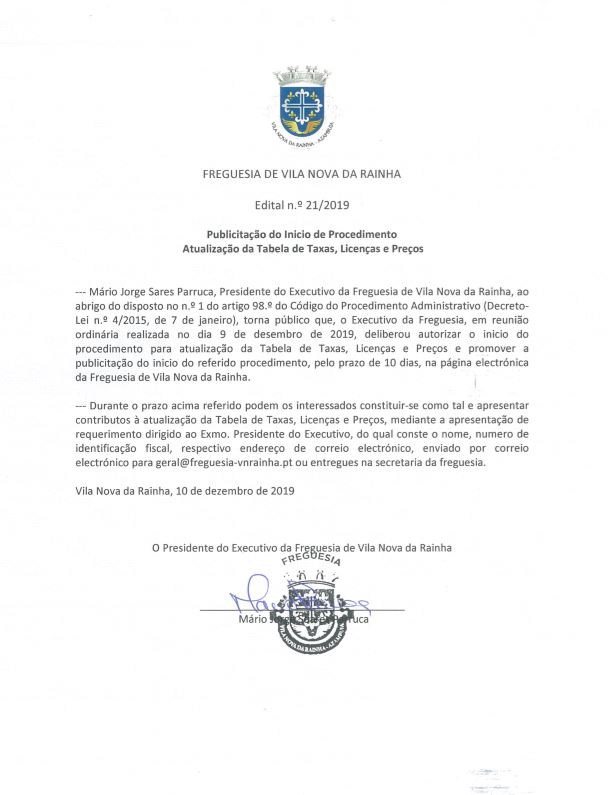 Imagem Atualização da Tabela de Taxas, Licenças e Preços