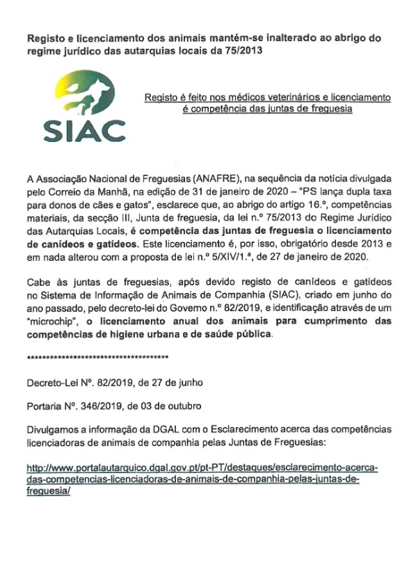 Imagem COMPETÊNCIAS LICENCIADORAS DE ANIMAIS DE COMPANHIA PELAS JUNTAS DE FREGUESIA